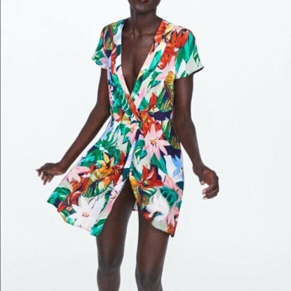 NWT Zara Tropical Palm Print Lightweight Mini Wrap Dress XS